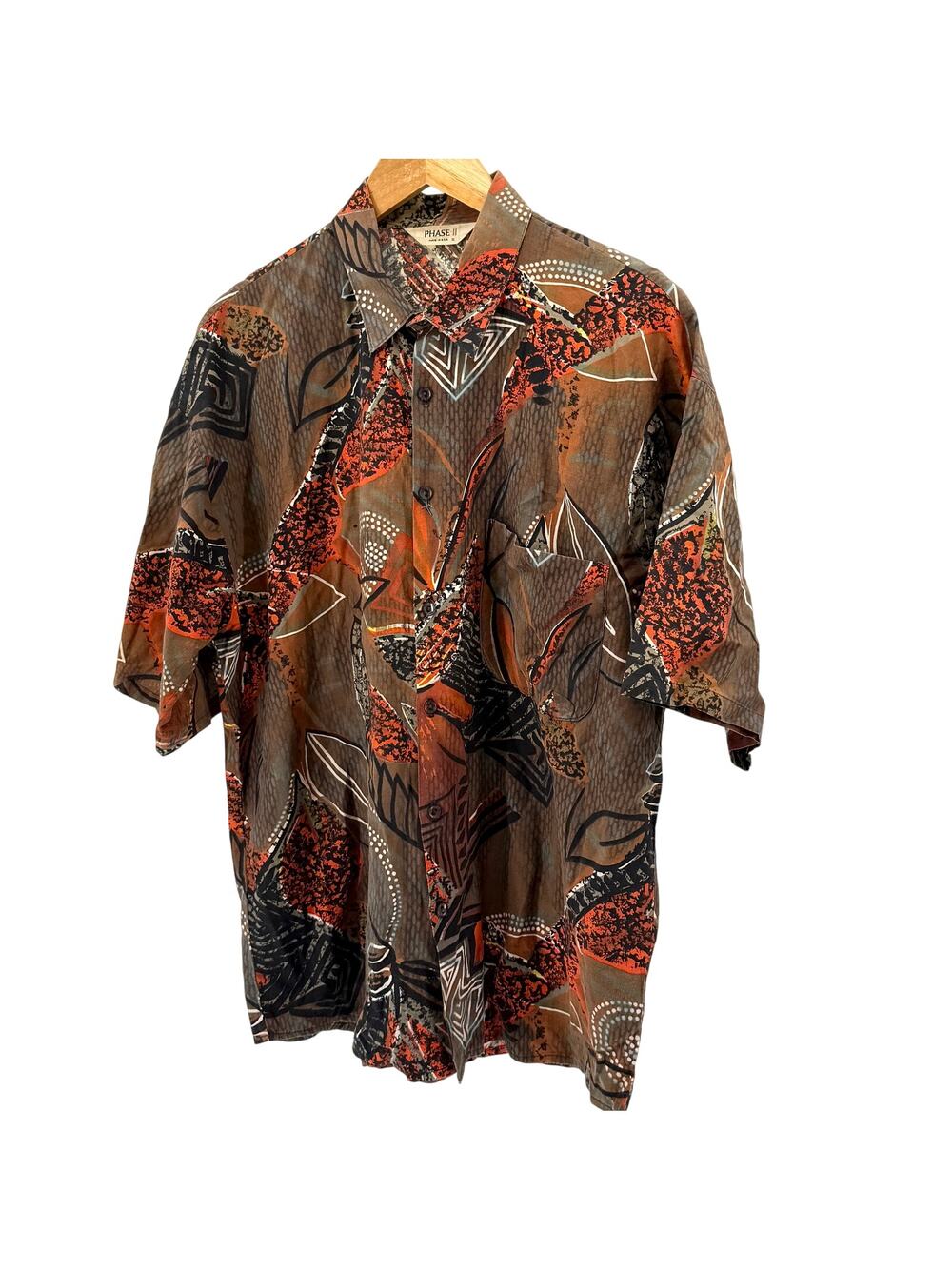 Vintage 90s Phase II Brown Orange Abstract Geometric Short Sleeve Button Up